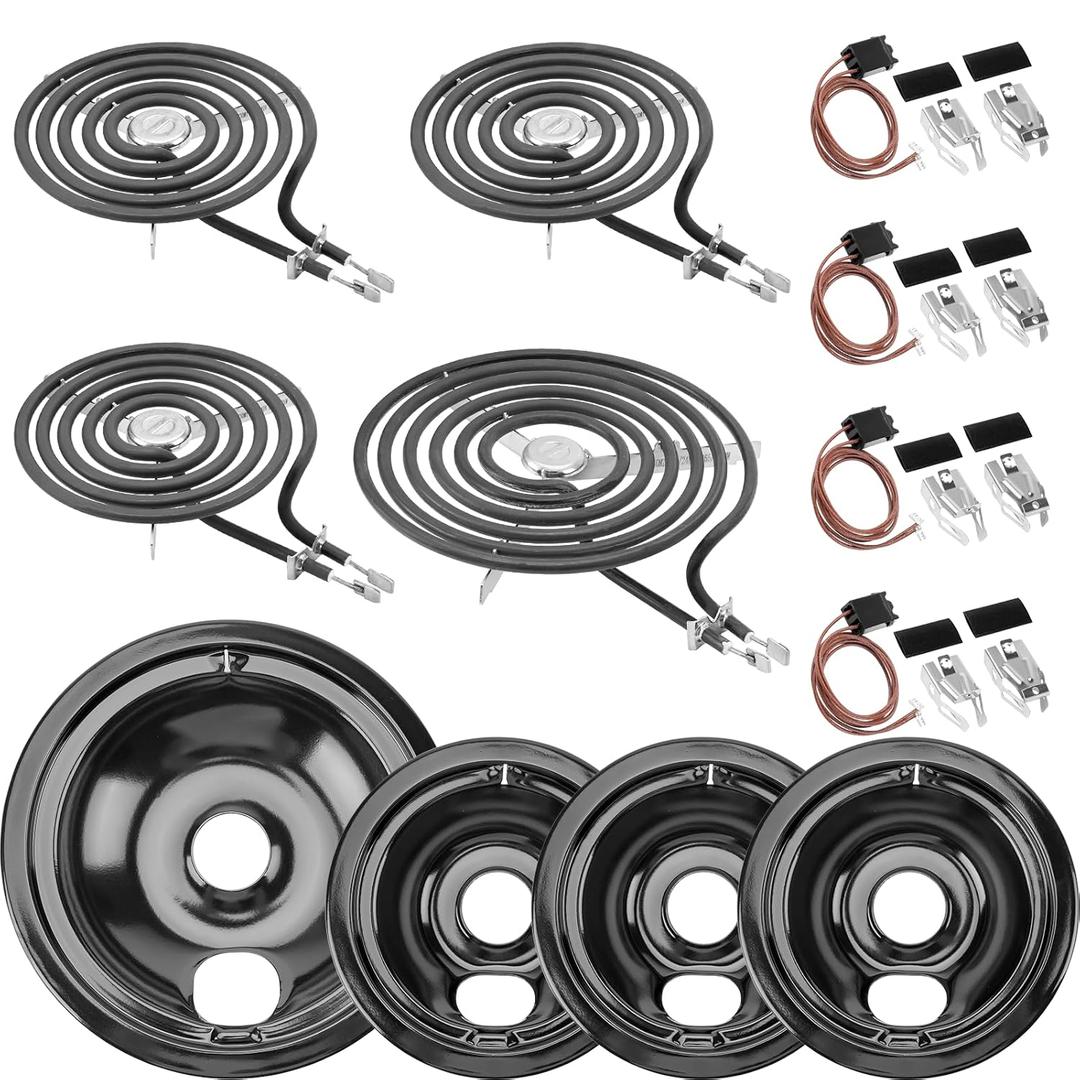 3xWB31M20(6") 1xWB31M19(8") Porcelain Drip Pans& 1xWB30M2(8") 3xWB30M1(6") Electric Stove Burners Set & 4xWB17T10006 Range Terminal Block Kit by Cenipar-Compatible with GE Hotpoint Kenmore Range/Stove