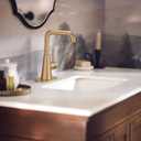 Moen Ronan Bronzed Gold Double Bend Single Hole Modern Bathroom Sink Faucet with Optional Deckplate and Spring Loaded Drain Assembly, 84024BZG