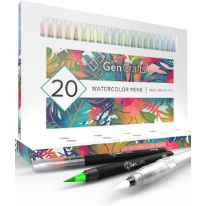 GenCrafts Watercolor Brush Pens - Real Brush Tips - No Mess Storage Case - Washable Nontoxic Markers - Portable Painting (1 Count (Pack of 20))