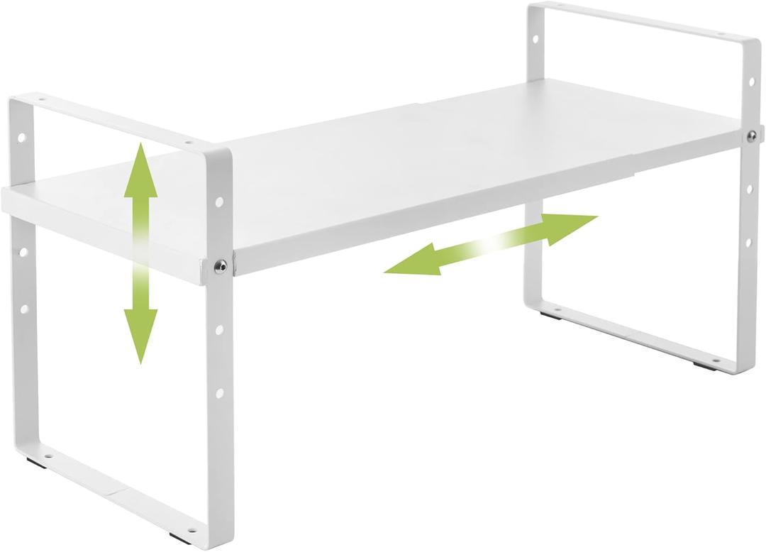 Across-Star Expandable Cabinet Shelf Organizer Rack, Stackable Kitchen Counter Storage Shelves Stand, Adjustable Height Pantry Shelf Spice Rack (8.7''D*15.7-25.6''W*9.8''H, White-1 Pack)