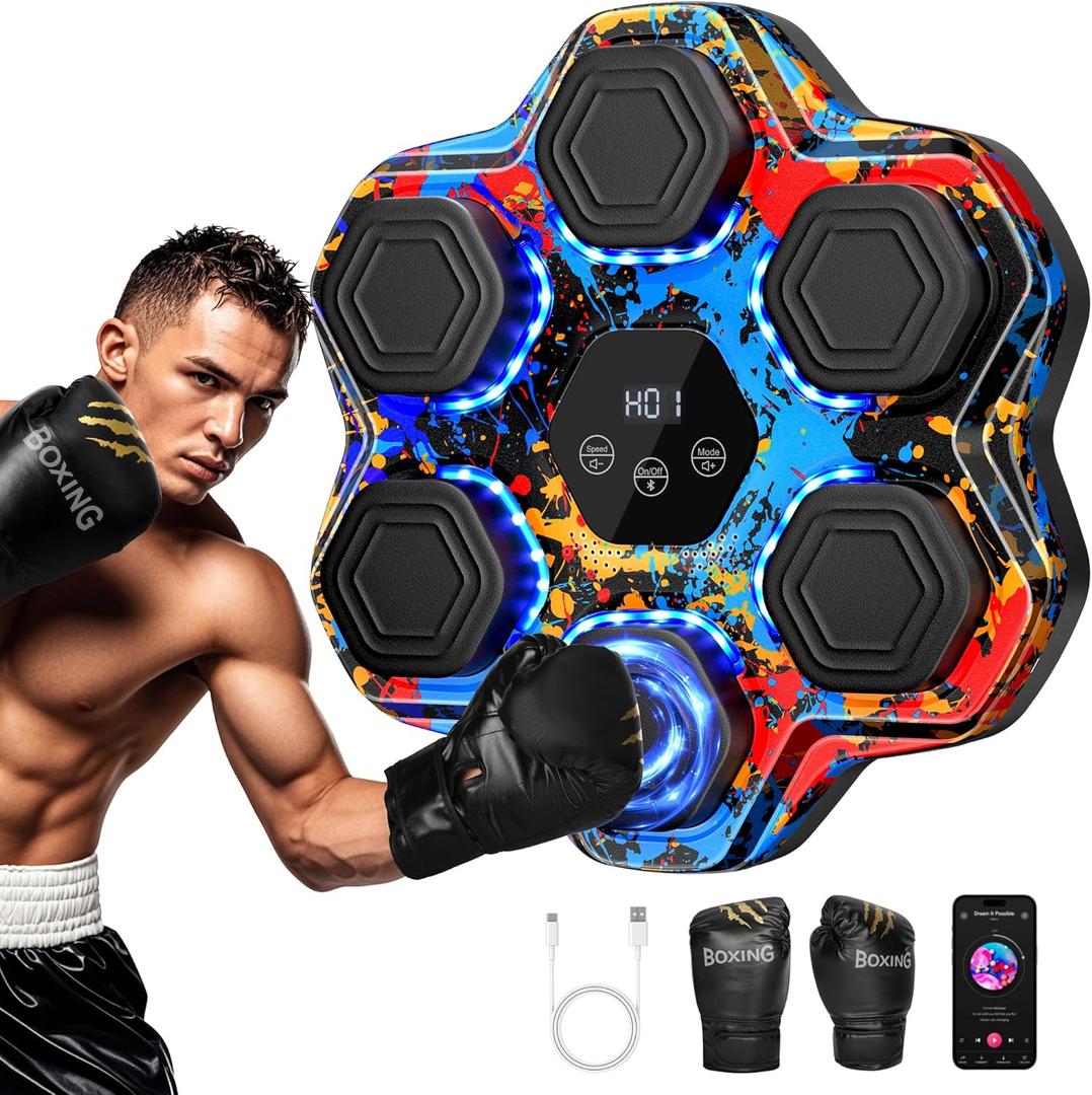 Music Boxing Machine, Smart Bluetooth Boxing Machine with Gloves, Wall Mounted Music Punching Trainer for Kids Adult, LED Electronic Workout Punching Machine with 9 Modes & 9 Speeds (Colorful)