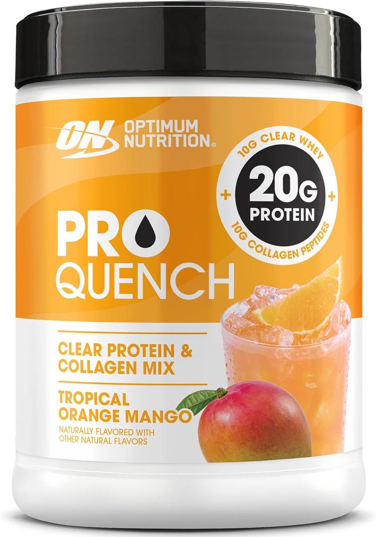 Optimum Nutrition Pro Quench, 10g Clear Protein, 10g Collagen peptides & Electrolyte Powder Drink Mix, Tropical Orange Mango, 20 Servings, 520 Grams 