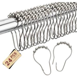 2 x Shower Curtain Hooks 24 Pack,Metal Ball Shower Rings Rust Proof with Rollers,Smooth Glide Shower Hooks for Bathroom,Decorative Shower Curtain Hangers for Curtains
