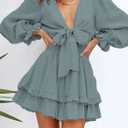 Dokotoo Womens Casual Spring Fall 2025 Deep V Neck Knotted Tiered Chiffon Elegant Mini Short Swing Skater Dresses