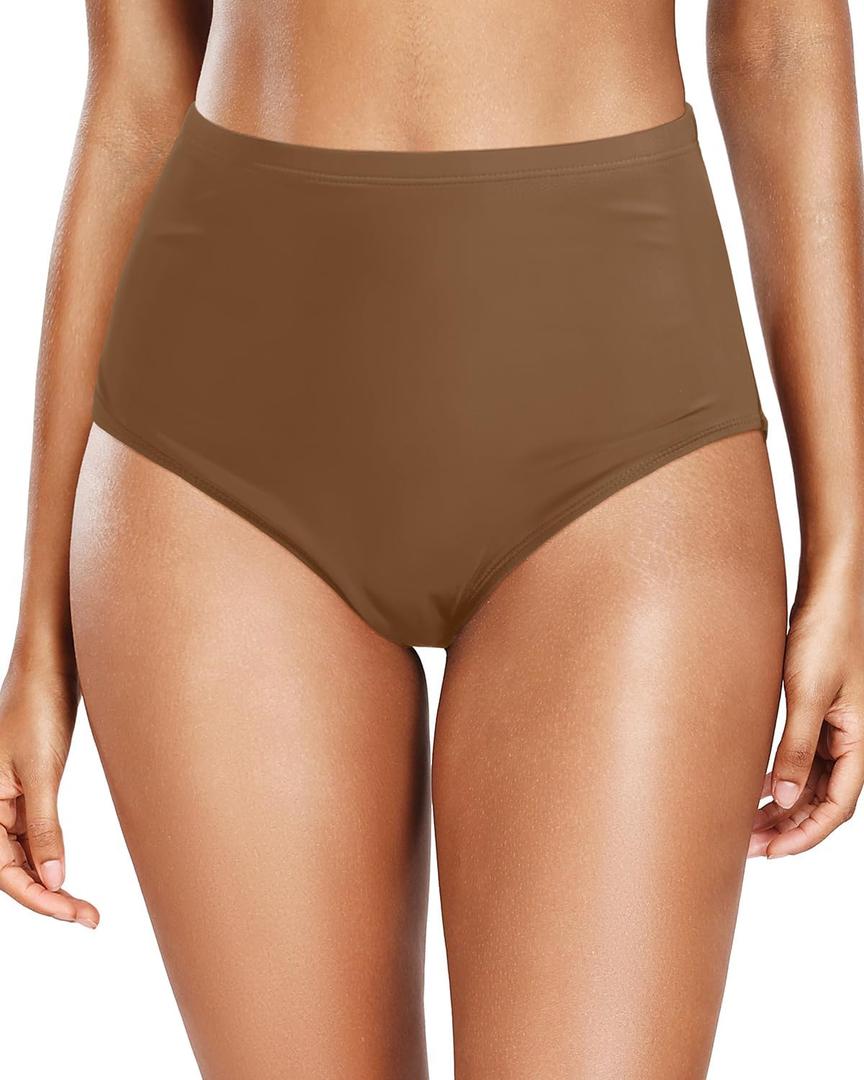 Zmart Women's High Waisted Bikini Bottom - Full Coverage Tummy Control Swimsuit Bathing Suit Swim Bottoms (Medium, Brown)