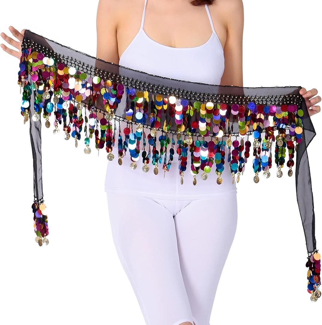 Belly Dance Hip Scarf, Sweet Belly Dance Skirt Wrap Performance Bling Sequins Coins, Belly Dance Costume for Women (One Size, Colorful Black) Belly Dance Hip Scarf, Sweet Belly Dance Skirt Wrap Performance Bling Sequins Coins, Belly Dance Costume for Women (One Size, Colorful Black)