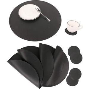 Faux Leather Round Placemats and Coasters, Disko Table Mats and Drink Spills Coasters, Easy to Clean, Double Stitched for Kitchen Dining Table, Diameter 13''and 3.9