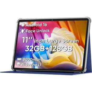 Android 16 Tablet 11inch, Face Unlock, 18W Fast Charging, 32GB+128GB+1TB Expand, Octa-core CPU, 8000mAh Large Battery, WiFi6, Touchscreen Display, Widevine L1 Tableta, Blue