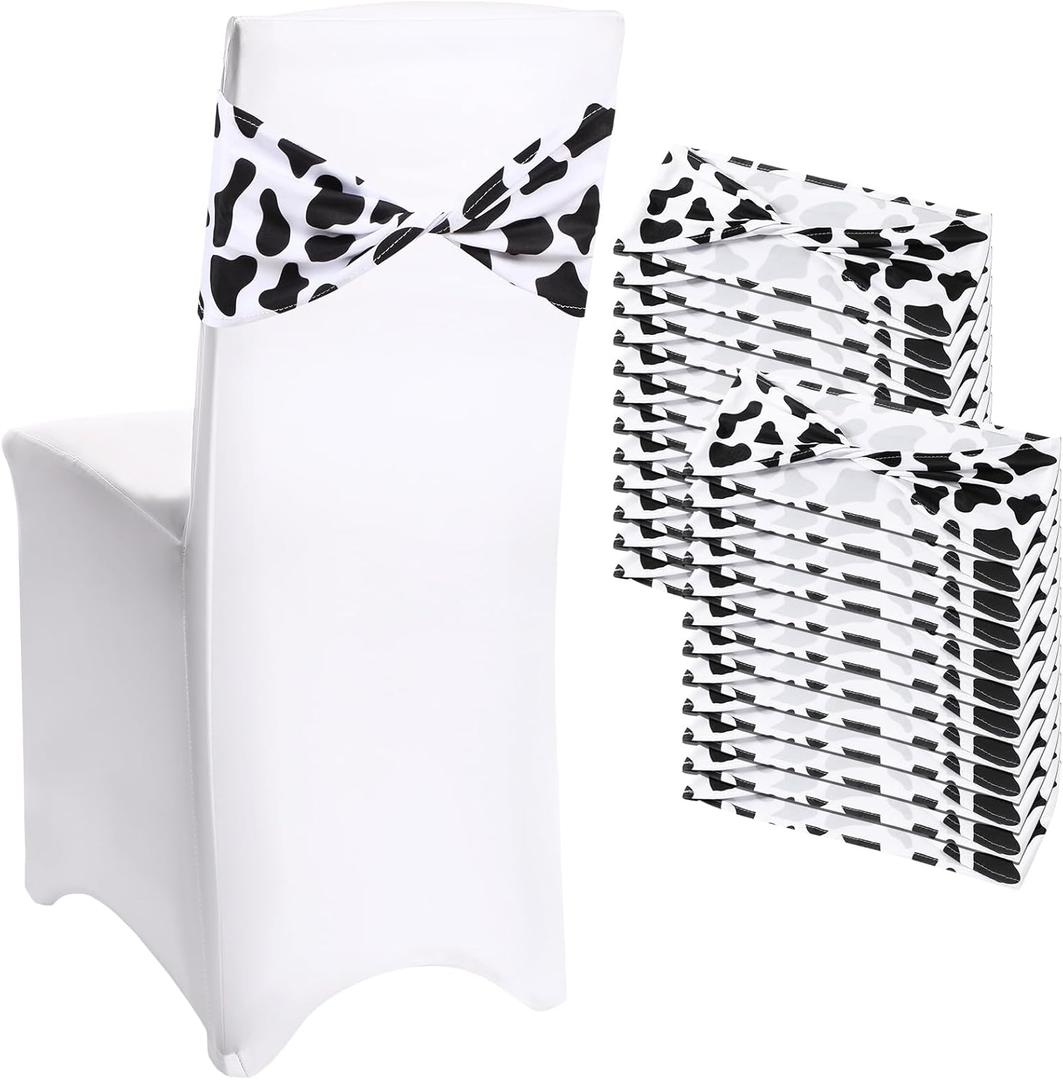 Newwiee 24 Pcs Cow Stripe Chair Sashes Spandex Cow Chair Bands Animal Print Elastic Chairs Sashes Bow Polyester Bands Ties Without Buckle for Animal Safari Jungle Theme Party Birthday Decor