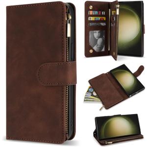 ZZXX for Samsung Galaxy S23 Ultra Wallet Case with RFID Blocking Card Slot PU Leather Zipper Flip Folio with Strap Kickstand Protective Cover for Galaxy S23 Ultra Case Wallet(Coffee-6.8 inch)