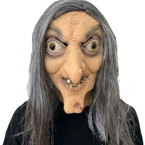 Witch Mask Halloween Horror Devil with Long Hair Evil Costume Latex Realistic Face Old Lady Man Creepy Cosplay Scary Mask for Adults