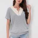Womens Tops Summer Sweaters Short Sleeve Patchwork V Neck Henley Shirts 2026 Dressy Casual Business Tunic Blouses (Gray, L)