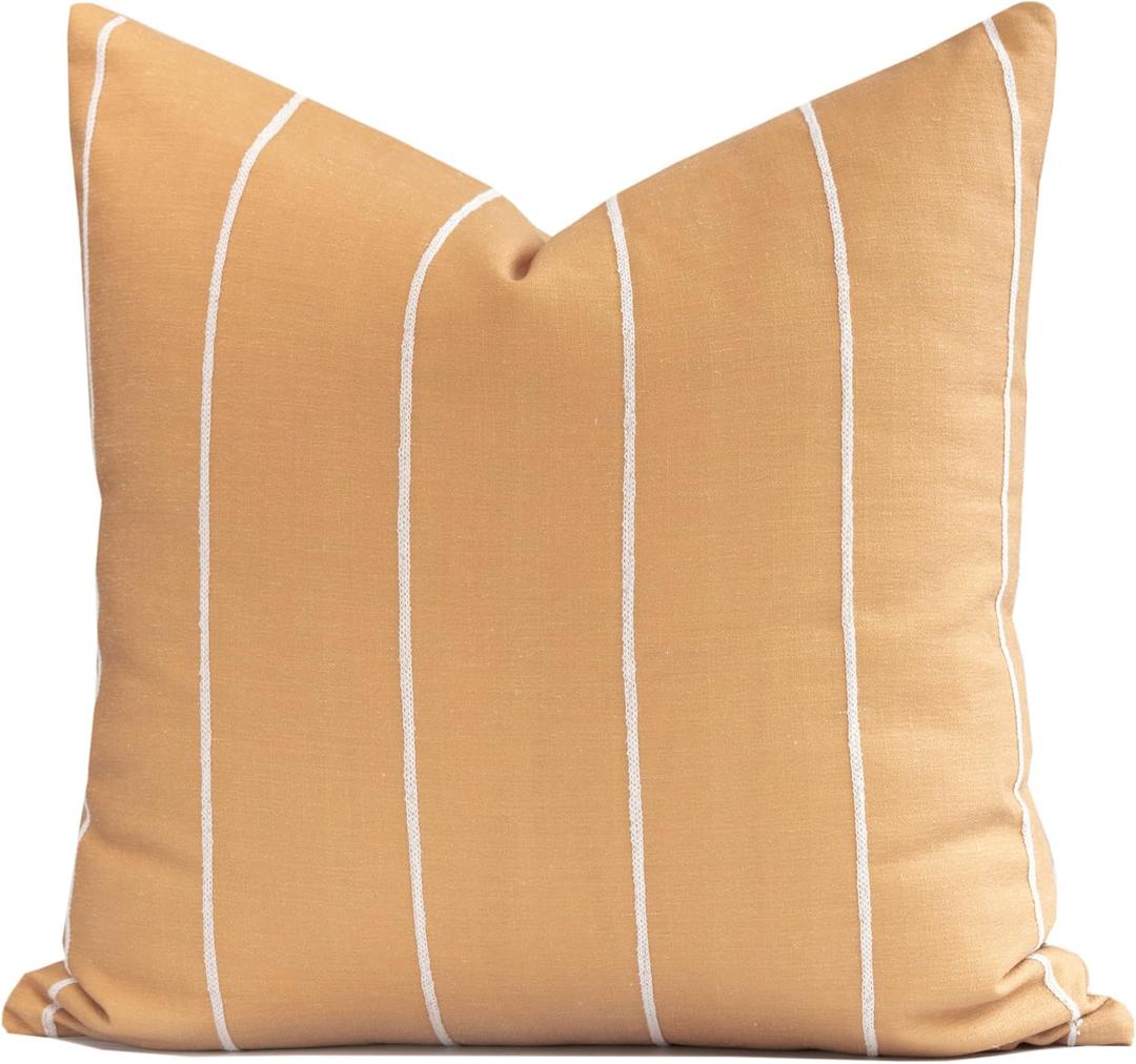 Crumbs Home Modern Farmhouse Fall Linen Indoor Outdoor Throw Pillow Cover Only, 22"x22" Water Repellent for Patio, Backyard, Couch, Mustard Yellow Neutral Embroidered Stripes