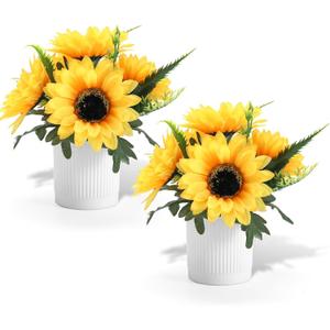2 Pack Sunflower Artificial Flowers Potted Small Fake Plant,Yellow Sunflower Small Artificial Plants for Home Office Farmhouse Coffee Table Bathroom Wedding Party Decor
