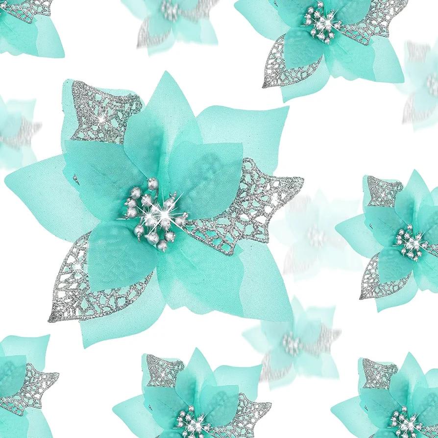 Boao 24 Pieces Christmas Artificial Glitter Poinsettia Flowers Xmas Flowers Wedding Christmas Tree New Year Ornaments(Blue Green)