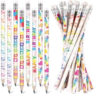 Sabary 60 Pcs Happy Birthday Pencils Colorful Birthday School Student Supplies Unsharpened HB Pencils with Erasers Stationery Bulk for Teacher Classroom Reward Party Supplies (White,Birthday)
