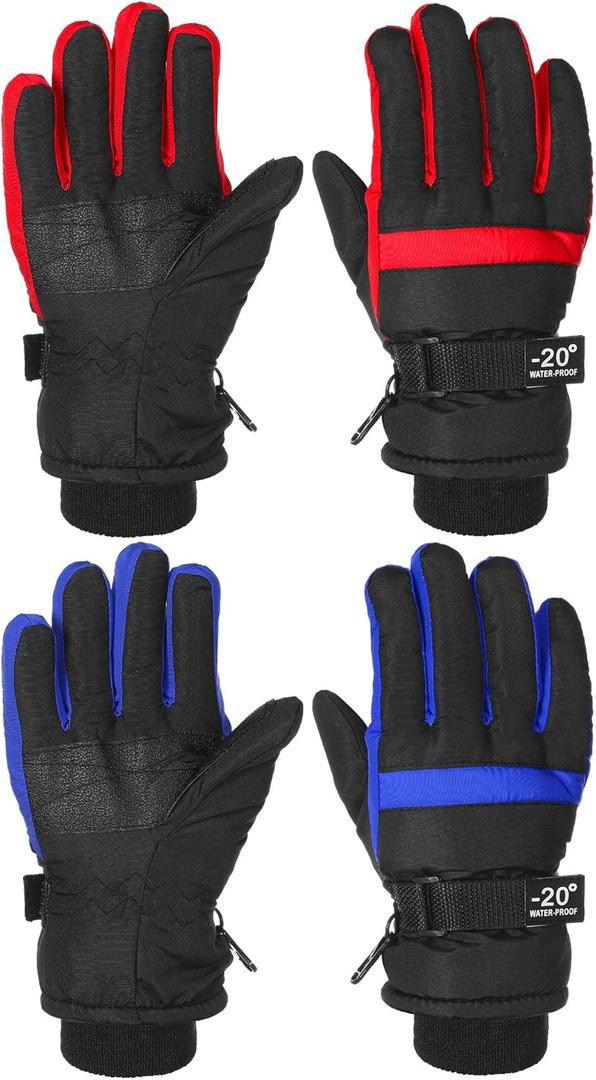 SATINIOR 2 Pairs Kids Waterproof Winter Snow Gloves Ski Gloves for Boy Girl Outdoor Warm Thickening Snowboar (10-15 Years, Red, Royal Blue)