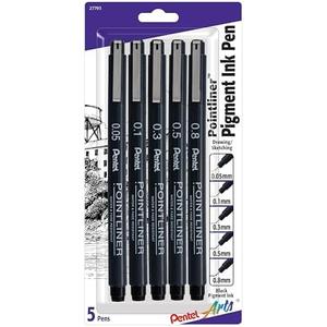 Pentel Arts Pointliner Drawing Pen, 5-Pack, Assorted Sizes, Black Ink (S20PBP5A)