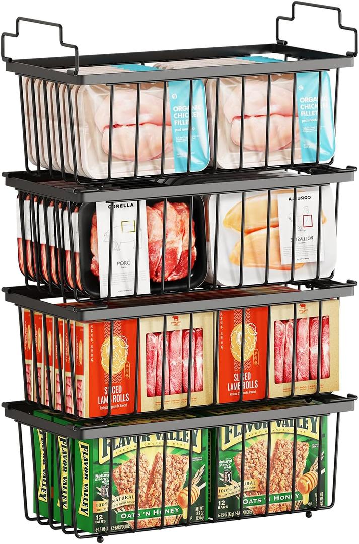 4 Pack Freezer Organizer Bins(14.6L X 7.1W X 5.2H) for 7 Cu.FT Deep Ches Freezer Sort Frozen Meats | Stackablet Deep Freezer Organizer Bins Get Food Easily w/Handle(Black), Gifts Ideas for Mom
