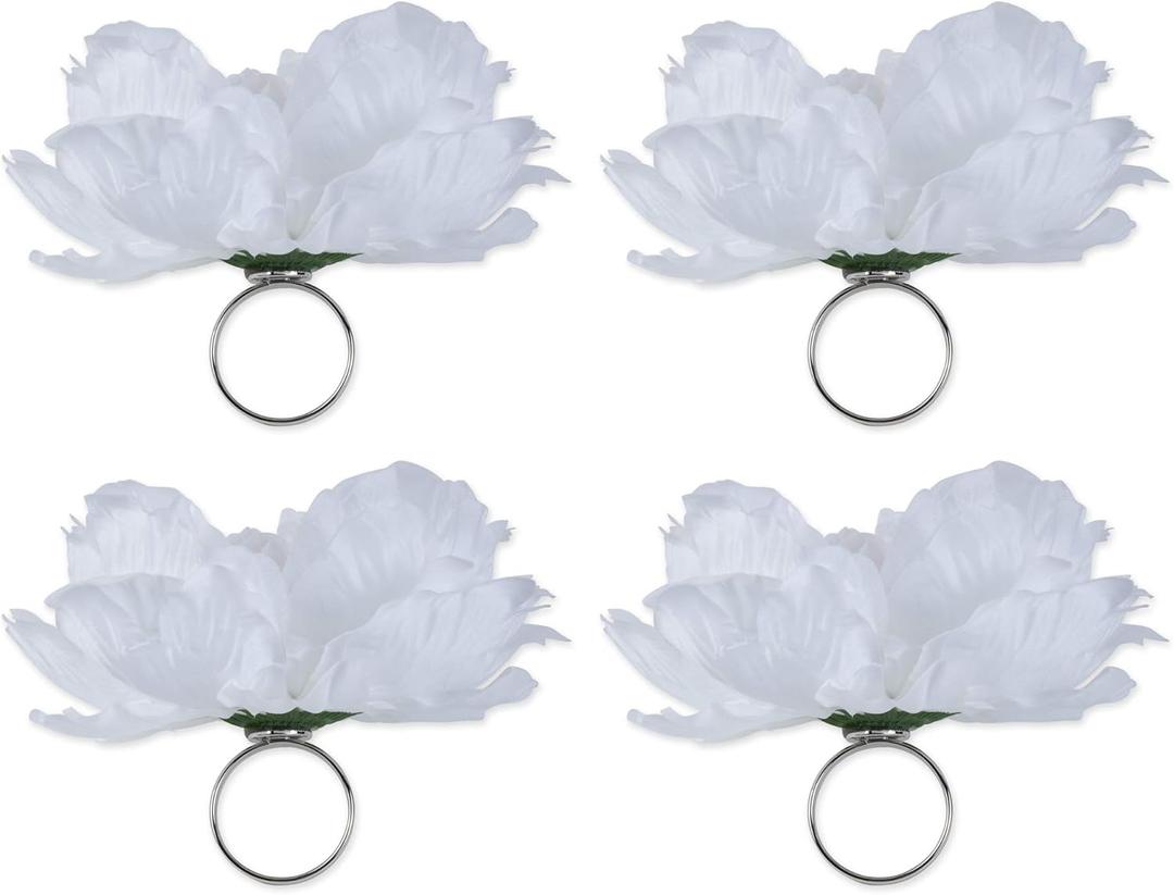 DII Beautiful Peony Flower Napkin Rings White, 4 Piece