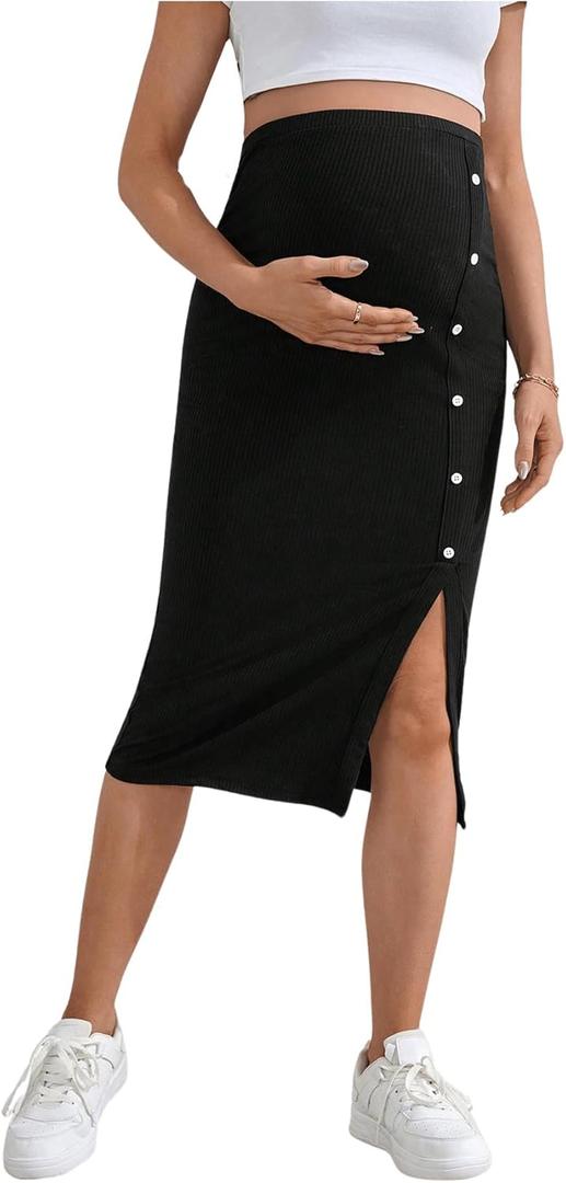 Women's Maternity Skirt Button Front Knitted Split High Waisted Pregnancy Pencil Skirt Black Small