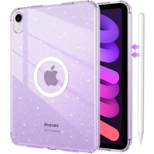 DUEDUE for iPad mini 7 2024 (A17 Pro)/iPad mini 6 2021 Case Magnetic, iPad mini 7th/6th Gen Cases Glitter Anti-Yellowing Sparkle Cover Transparent Case for iPad mini 7/Mini 6, Purple/Glitter