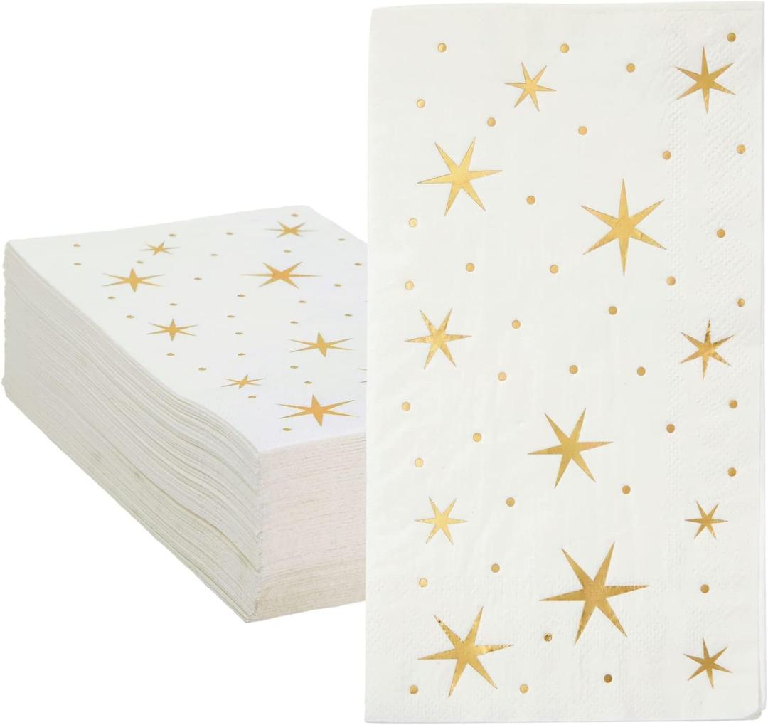 Juvale Disposable Napkins with Gold Stars - 4 x 8 In, 3-Ply, White & Gold, 50 Count - Decorative Paper Napkins for Star Themed Parties & Weddings