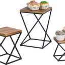 MyGift Rustic Burnt Solid Wood Square Pizza Riser Display Rack with Twisting Black Metal Legs, Nesting Dessert Cupcake Risers Cake Stand and Food Platter Holder, 3 Piece Set