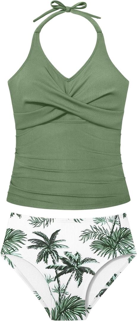 Girls Swimsuits 2 Piece Halterneck Bathing Suit Criss Cross Ruched Printed Tankini Swimwear Set for 9-16 Years