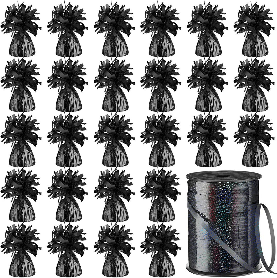 Yunsailing 24 Pcs Heavy Balloon Weights Metallic Anchor, 0.33 lb (5.3 oz) Each Table Weight and 1 Roll Iridescent Ribbon for Outdoor Wedding, Graduation, Birthday Party Decorations(Black)