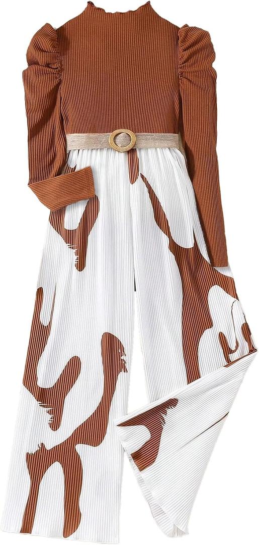 Asbabiy Girls Autumn Flower Print Long Sleeve Top Loose Wide Leg Casual Jumpsuit (10-11 Years, Red)