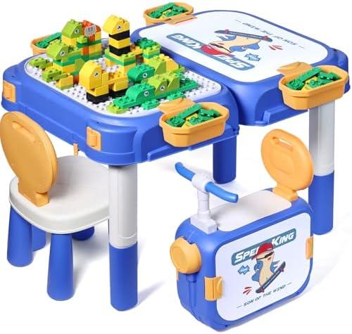 fygurso Toddler Table and Chair Set, Water/Sand Sensory Rideable Building Block Kids Table and Chairs with 90 Pcs Compatible Large Bricks, Activity Table with Storage, STEM Toys for Kids Ages 3+
