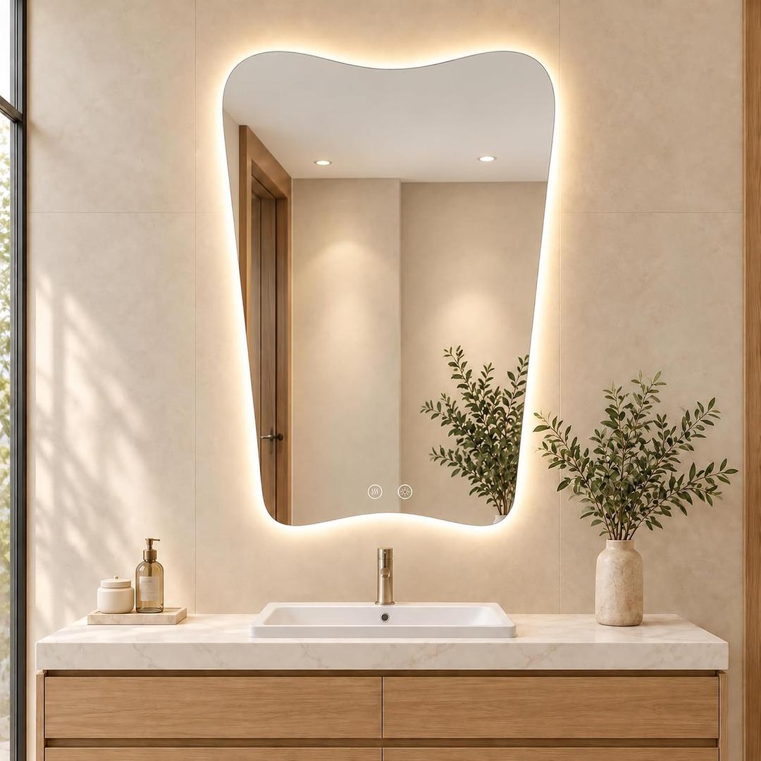 24 x 36 Inch Irregular LED Bathroom Mirror for Single-Sink Vanity