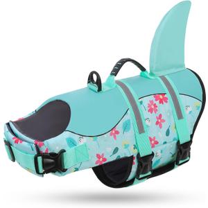 Queenmore Dog Life Jacket, Dog Life Vest for Swimming, High Buoyancy Shark Swimming Safety Vest for Large Dogs, Reflective Pet Lifesaver Preserver with Rescue Handle, Blue Flower XL