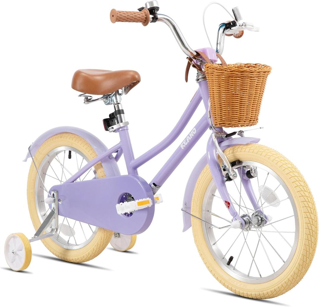 KEANO Girls Bike for 2-12 Years Old Toddlers and Kids, 12" 14" 16" 18“ Retro Style Kids Bike with Basket & Training Wheels, 20 Inch Kids' Bicycle with Kickstand, Purple, 16 Inch With Training Wheels