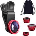 KINGMAS 3 in 1 Universal Fish Eye Lens, Macro Clip Lens Wide-Angle Camera Lens Kit for iPad iPhone Samsung Android and Most Smartphones (Red)