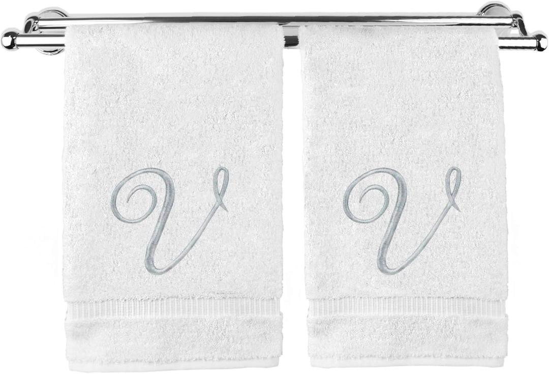 Monogrammed Hand Towel, Personalized Gift, 16 x 30 Inches - Set of 2 - Silver Embroidered Towel - Extra Absorbent 100% Turkish Cotton- Soft Terry Finish - For Bathroom, Kitchen and Spa- Script V White
