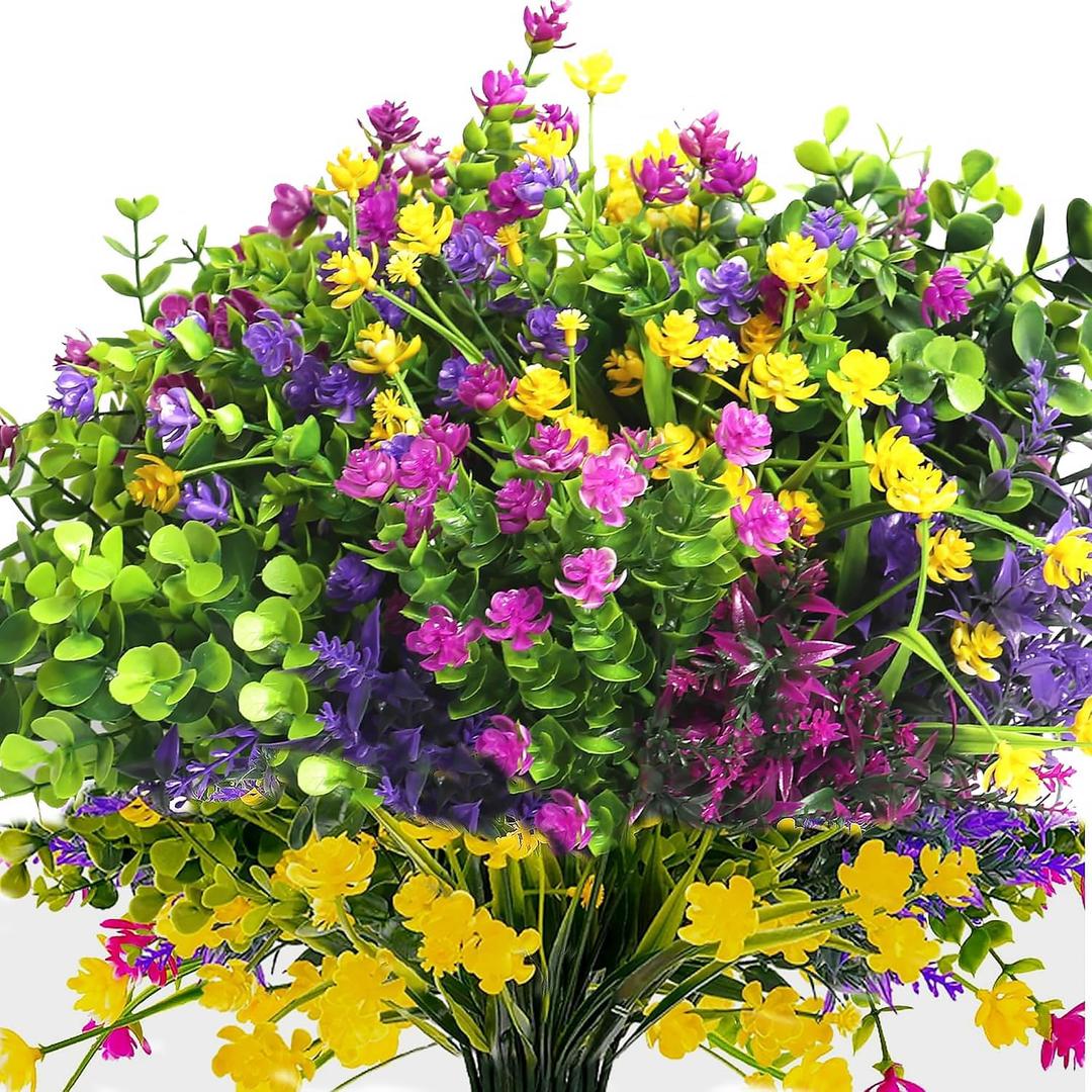 24 Bundles Artificial Fake Flowers Outdoor, UV Resistant No Fade Boxwood Faux Plastic Shrubs Greenery Plants for Garden Patio Porch Window Box Home Indoor Wedding Farmhouse Hanging Planter Dcor (24pcs Mixed Color)