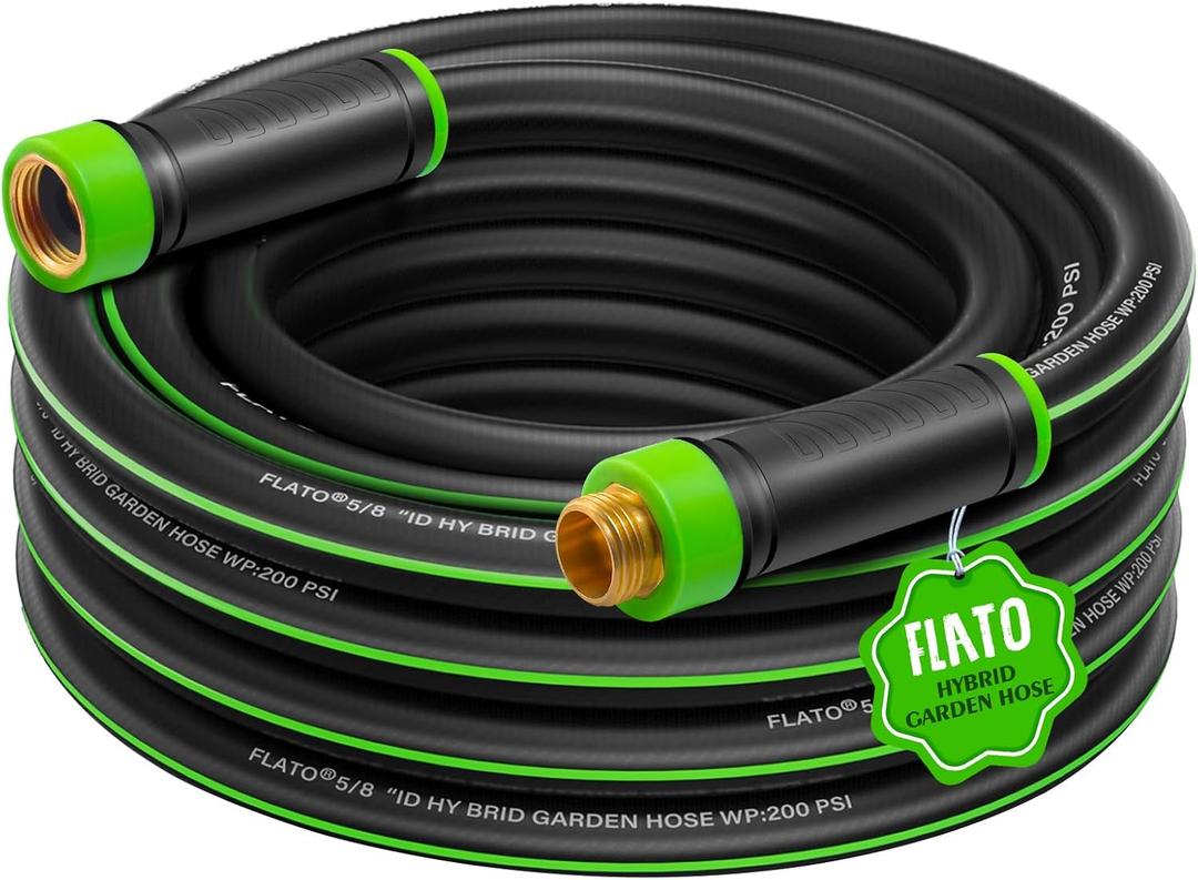 FLATO Garden Hose 5/8" x 23FT, Light Weight and Flexible, All Weather Use, Hybrid Polymer Water Hose with Brass Fittings, for Yard, Outdoor, Lawn (Black, Green stripes)