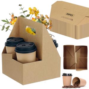 4 Cup Drink Coffee Carrier with Handle, 60 Pcs Paper Cup Holders Drink Holders Cardboard Disposable Beverage Tray Foldable Kraft to Go 12oz-32oz for Food Delivery Takeout Hot Cold Drinks