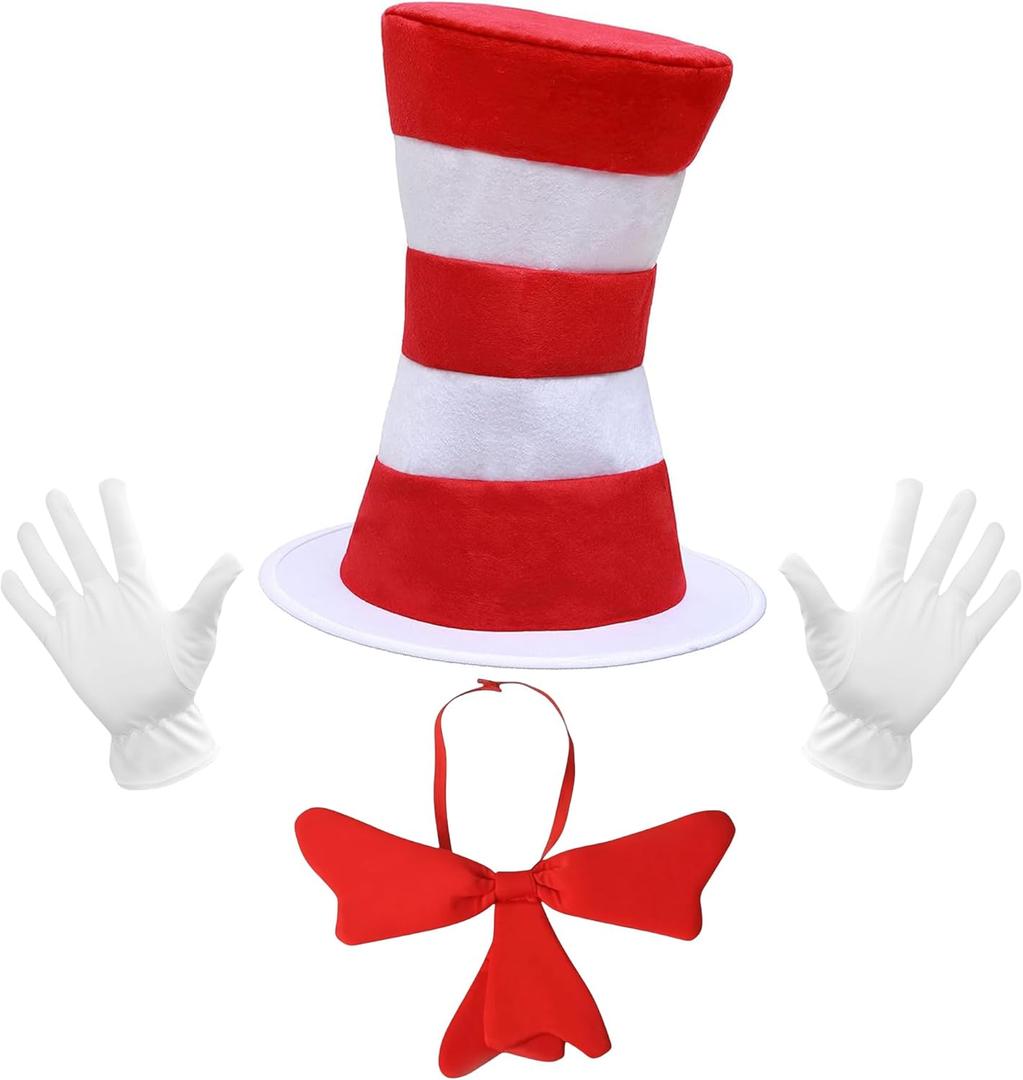 Top Hat Cat Costume Kit Accessory for Adults Red and White Striped Stovepipe Hat Gloves Bow Tie for Halloween Props