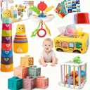 Baby Toys 6-12 Months, Montessori Toys for 1 Year Old, Silicone Pull String Teether Toy, Stacking Building Blocks Infant Toddler Toy 0-3, Shape Bin Sensory, Baby Boys&Girls Gifts Set