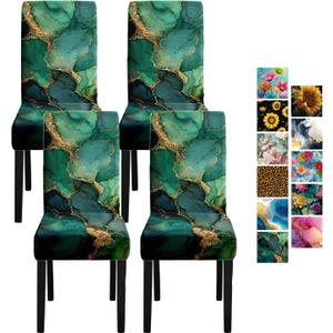 Marble Chair Covers Set of 4  Green Gold Abstract Pattern Stretch Dining Chair Slipcovers Washable Universal Seat Protectors for Kitchen, Banquet, Party, Hotel, Home Dcor (25)