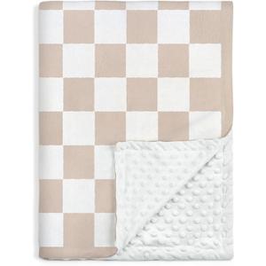 Checkered Minky Baby Blanket 30 x 40 Inches for Boys Girls, Soft Plush Receiving Blanket with Dotted Back, Gift for Toddler Newborn Infant Christmas Birthday Baby Shower