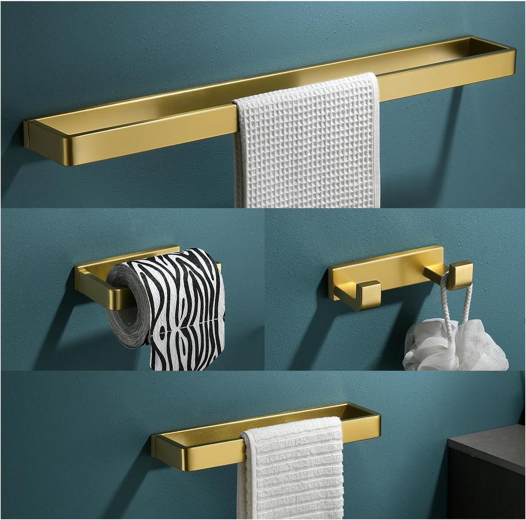 YACVCL Bathroom Hardware Set Brushed Gold 4-Piece Towel Bar Set Square Bathroom Accessories Kit Stainless Steel Wall Mounted (Brushed Dark Gold)
