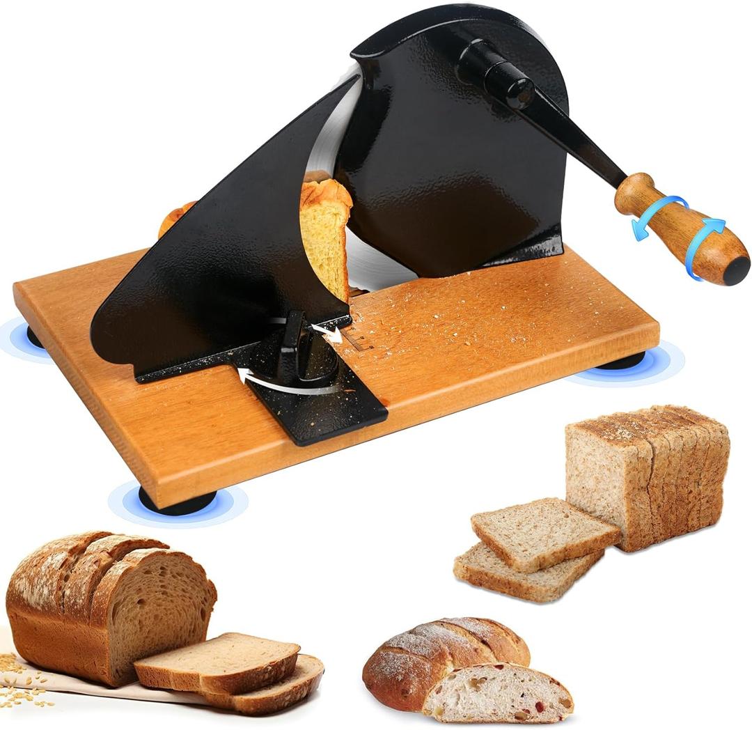 Manual Bread Slicer with Hand Crank & Adjustable Thickness - Sturdy Suction Base for Stable Even Slicing, Stainless Steel Blade & Easy Clean - Perfect for Homemade Sourdough, Crusty Bread, Sandwiches
