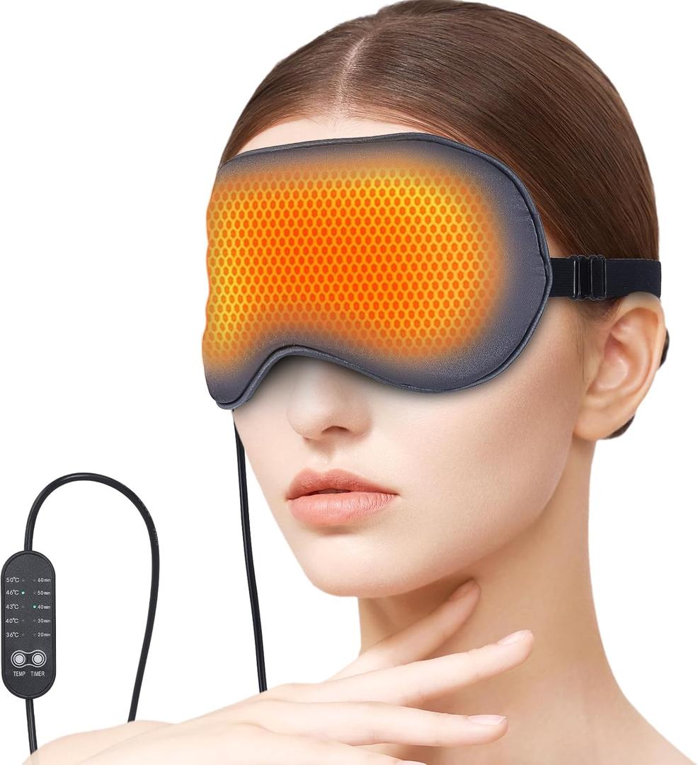USB Electric Heated Eye Mask for Dry Eyes & Migraine Relief  Adjustable Temperature & Timer, Silk Fabric, Washable Cover  Carbon Fiber Heating Technology, Warm Gray