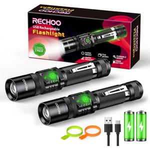Rechargeable Flashlights 2 Pack, RECHOO High Lumens LED Tactical Flashlight with Double Switch, Small Bright Flash Lights with 5 Modes, Zoomable, IP65 Waterproof for Camping, Hiking, Emergencies