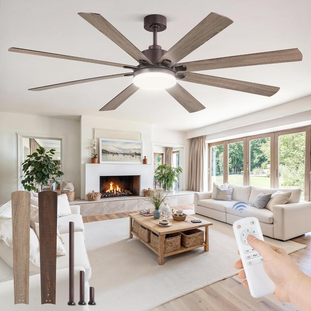 72 Inch Ceiling Fans with Lights, Brown Farmhouse Ceiling Fan with Light, large LED Panel, Quiet Reversible DC Motor, 6-Speeds, 3CCT, large Ceiling Fans with Remote for Patio, Living Room, Garage
