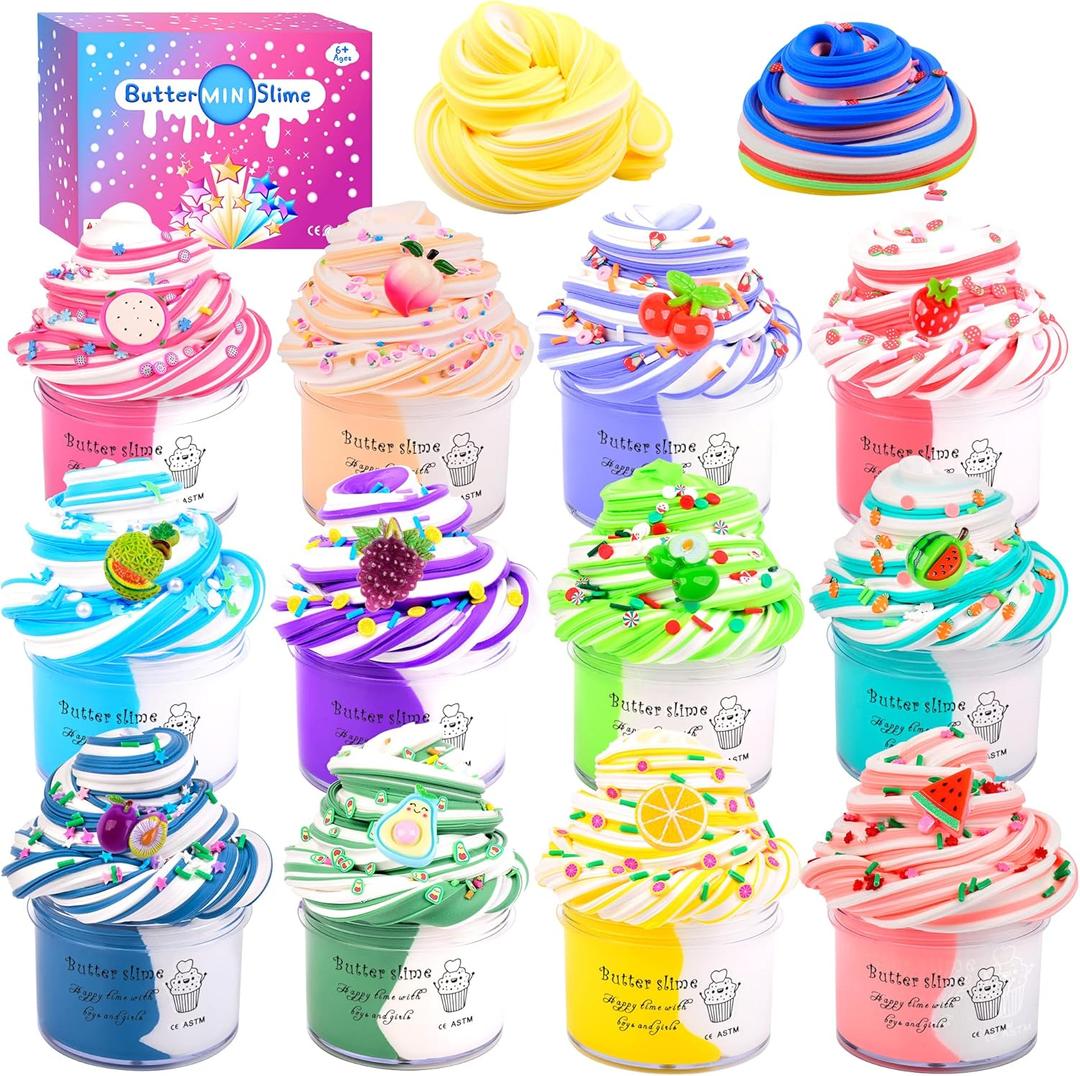 12 Pack Fruit Butter Slime Kits for Kids, with Watermelon, Lemon, Peach, Strawberry, Avocado and Cherry Charm,Cute Stuff for Girls Fragrant DIY Slime, Stress Relief Toys for Girls and Boys.